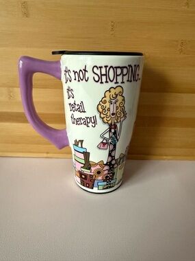 Funny “Retail Therapy” Travel Mug w/ Lid – NWT – Purple Handle